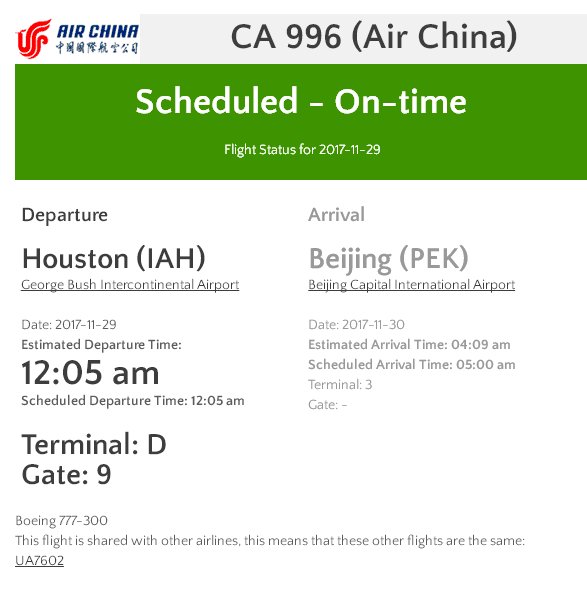 11月29日ca966航班休斯顿飞往北京，到达北京的时间是几号几点呢。