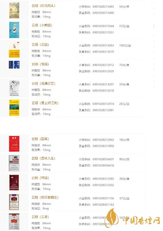 云烟系列所有香烟 云烟香烟价格表图片大全集