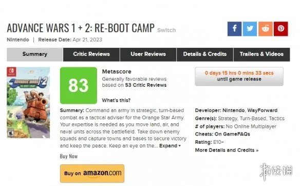 《高级战争1+2》媒体评分解禁：均分83 优秀的重制作品