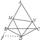 如图，$\triangle ABC$是边长为$6$的等边三角形，$BD=CD$，$\angle BDC=120^{\circ}$，以点$D$为顶点作一个$60^{\circ}$角，使其两边分别交$AB$于点$M$，交$AC$于点$N$，连结$MN$，则$\triangle AMN$的周长是______.