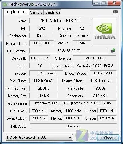 显卡高手进来下!谁能告诉我下GTS250/512M的参数?我的好像被骗了!用的是GPU-Z查的。