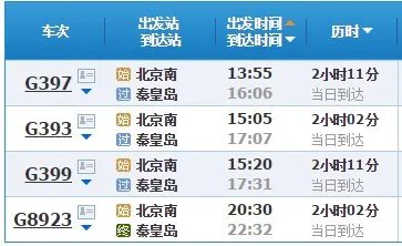 北京至秦皇岛列车时刻表？