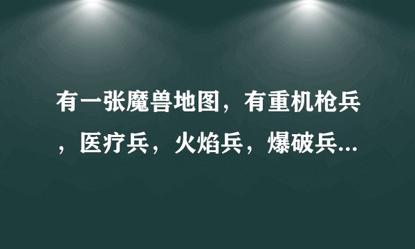 有一张魔兽地图，有重机枪兵，医疗兵，火焰兵，爆破兵，侦查兵。 显示金钱的地方是子弹数量，显示木头的地