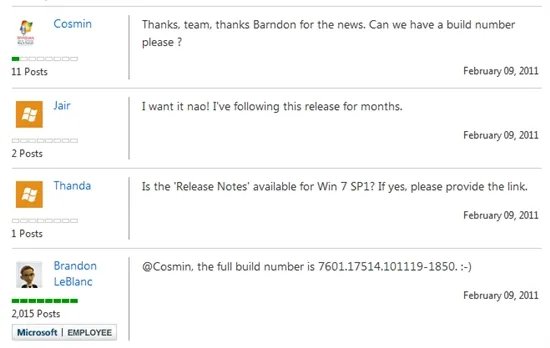 微软公布Windows 7 SP1完整版本号