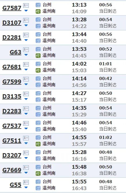台州黄岩到温州鹿城区的时刻列车表