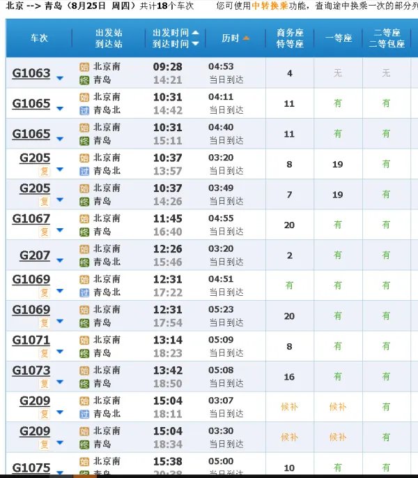 北京到青岛高铁时刻表查询