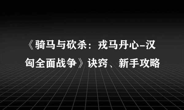 《骑马与砍杀：戎马丹心-汉匈全面战争》诀窍、新手攻略